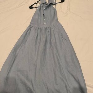Long baby blue dress with open back